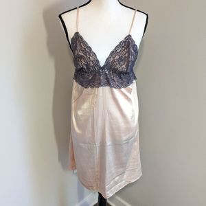 Satin with lace beige and gray nightgown slip babydoll lingerie gown size L